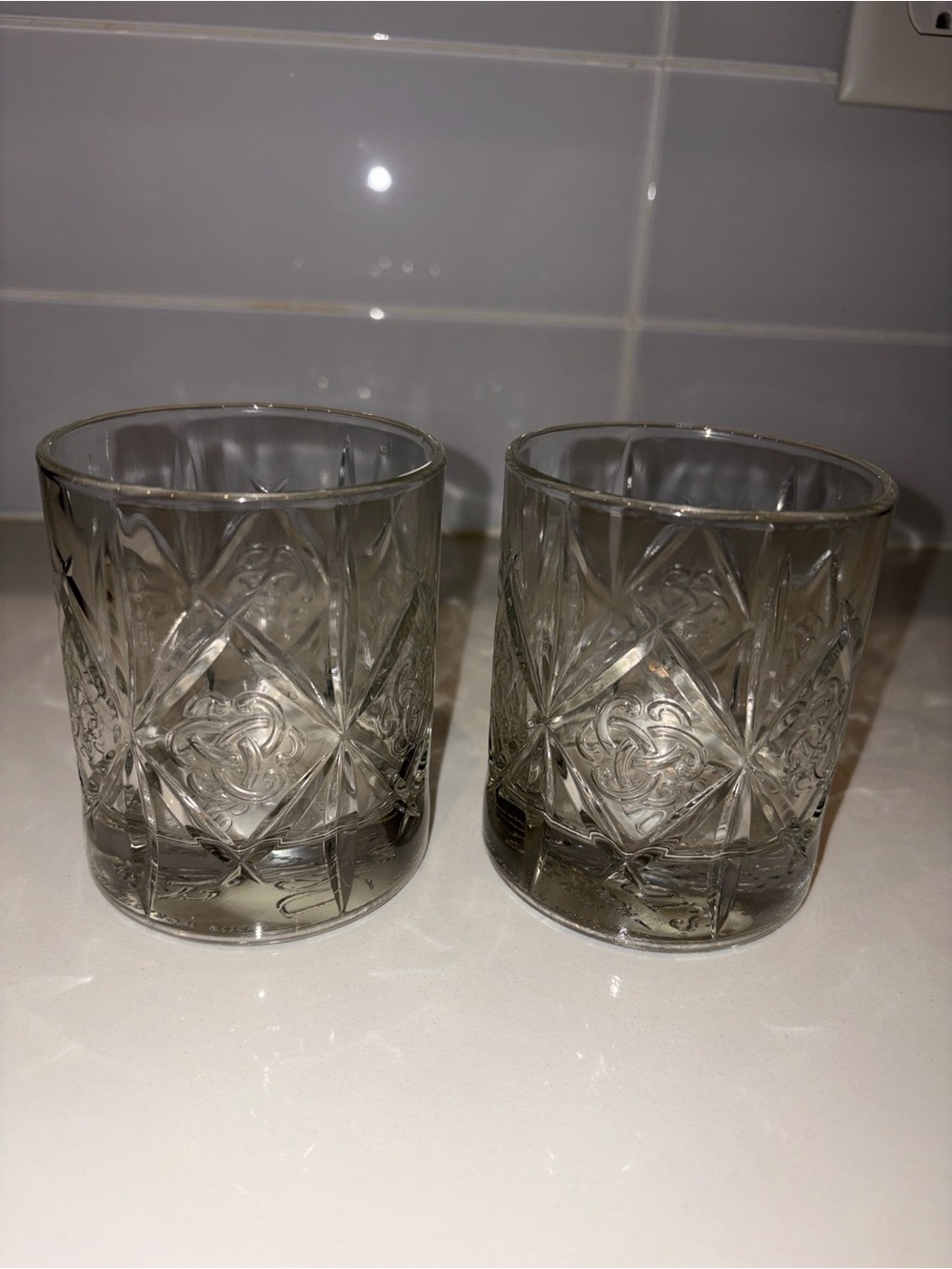 Two Limited Edition DEWAR’S Embossed Trefoil Celtic Truth Knot Rocks Glass